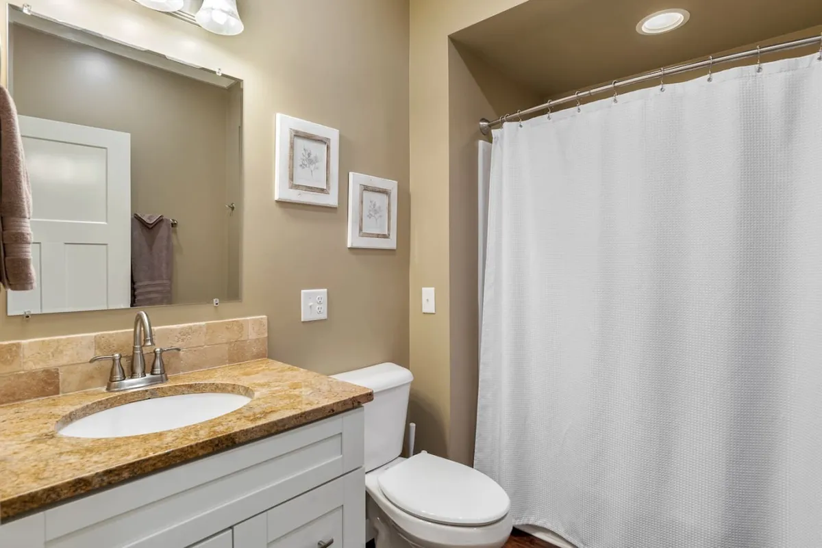 A calming bathroom scene featuring a sink with a granite countertop, beautiful framed botanical prints, and a shower curtain. The decor is modern and refreshing, evoking a spa-like atmosphere for morning routines or evening relaxation.